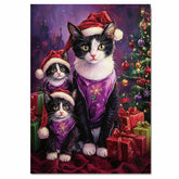 Festive Tuxedo Cat Family in Santa Hats and Purple Outfits with Christmas Tree and Gifts in a Whimsical Holiday Setting